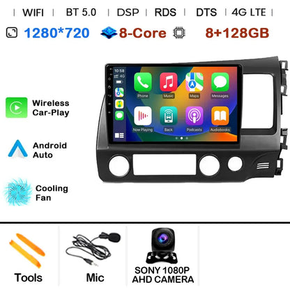 Car Radio Android 15 For Honda Civic 8 FK FN FD 2005 - 2012 RHD Multimedia Player Navigation GPS Carplay Stereo BT Head Unit DSP
