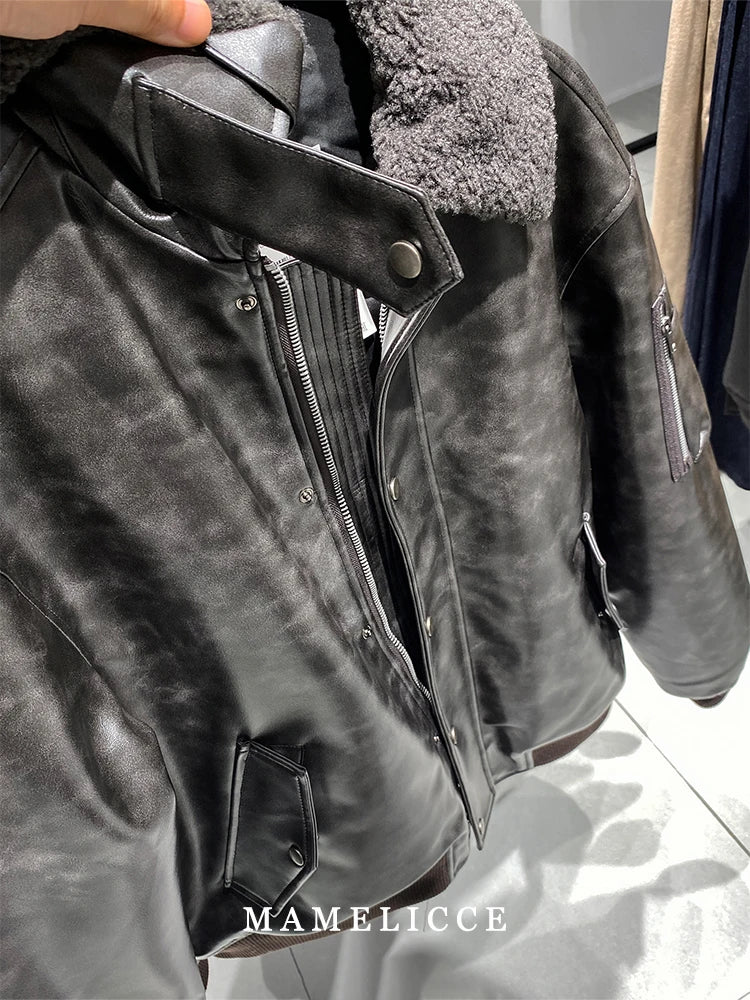 MAMELICCE Original design Removable fur collar jacket Thickened Casual coat Men's clothing Vintage leather jackets overcoats