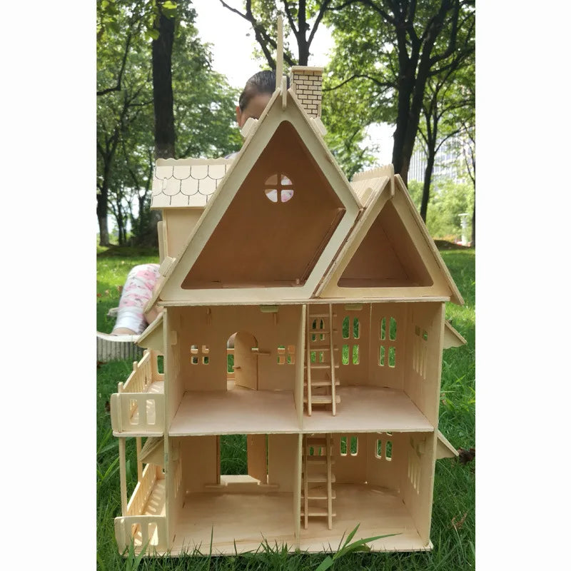 Wood 3D Puzzle House DIY Doll House Villa Model Assembled Miniature Dollhouse Educational Pretend Play Toys For Children Girls