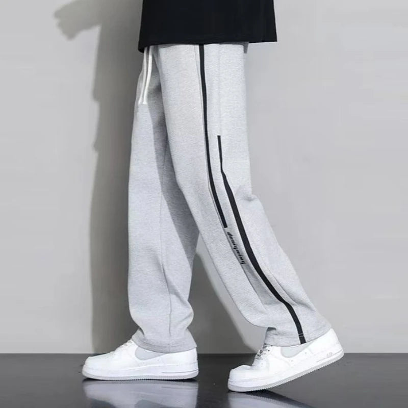 Men’s Straight Leg Sweatpants Loose Lightweight Casual Pants Spring Summer Stripe Patchwork Sports Joggers Trendy Long Trousers