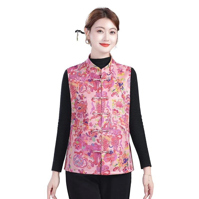 Plus Size Mother's Vest Spring Asian style print Top Elderly Women's Casual Sleeveless Jacket  Waistcoat