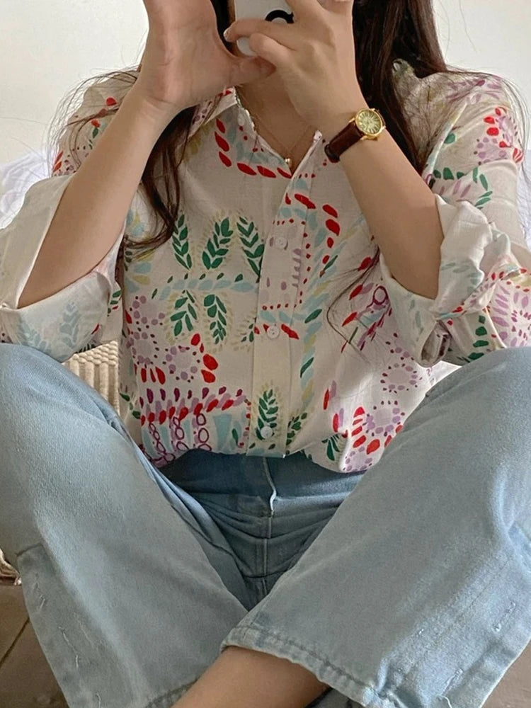 Chic Women's Shirt Vintage Gentle Loose Design Sensation Elegance Korean Style Long Sleeve  Collar Print Casual Fashion