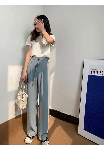 Ice Silk High Waist Wide Leg Pants Women Summer Loose Thin Straight Casual Trousers Korean Style Polyester Fiber Skin-friendl...
