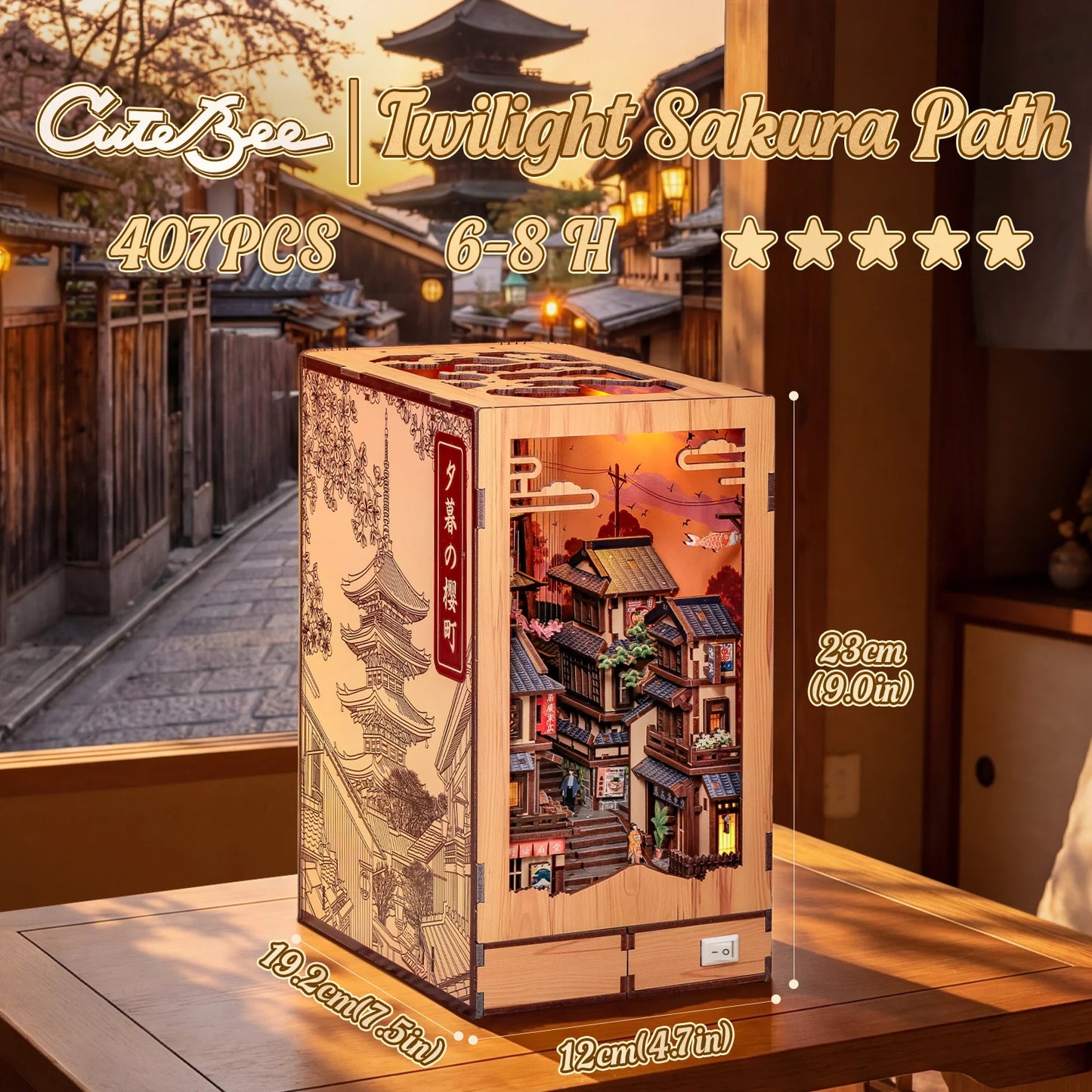 CUTEBEE DIY Book Nook Kit Japanese Sakura 3D Puzzle Dollhouse for Bookshelf Unique Craft Gift for Book Lover Christmas Miniature