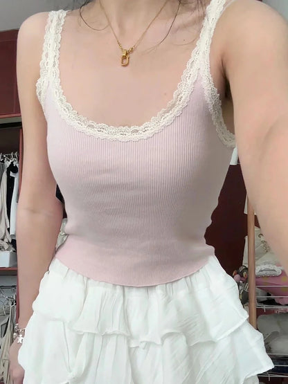 Vintage Lace Trim Blue Ribbed Camis Women New Casual Streetwear Slim Sexy Cotton Sleeveless Vests Sweet Cute Chic Tank Tops Y2K