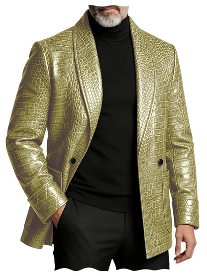 Men's Crocodile Embossed Leather Blazer Double Breasted Business Casual Brown Jacket Office Wear Formal Plus Size  Suit Coat