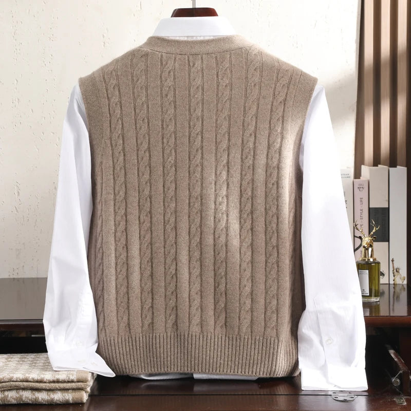 A-Class 100% Pure Cashmere Vest Men's V-Neck Knitted Cardigan Autumn Winter New Twist Flower Business Shoulder Men's Clothing