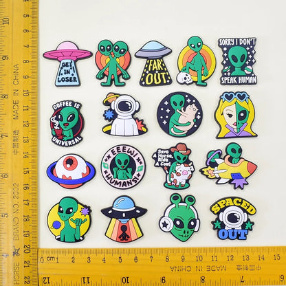 20-100pcs Alien Universe Astronaut Shoe Buckle Accessories PVC DIY Sandal Shoes Charms Clogs Pins Decor Kids Man Party Gift