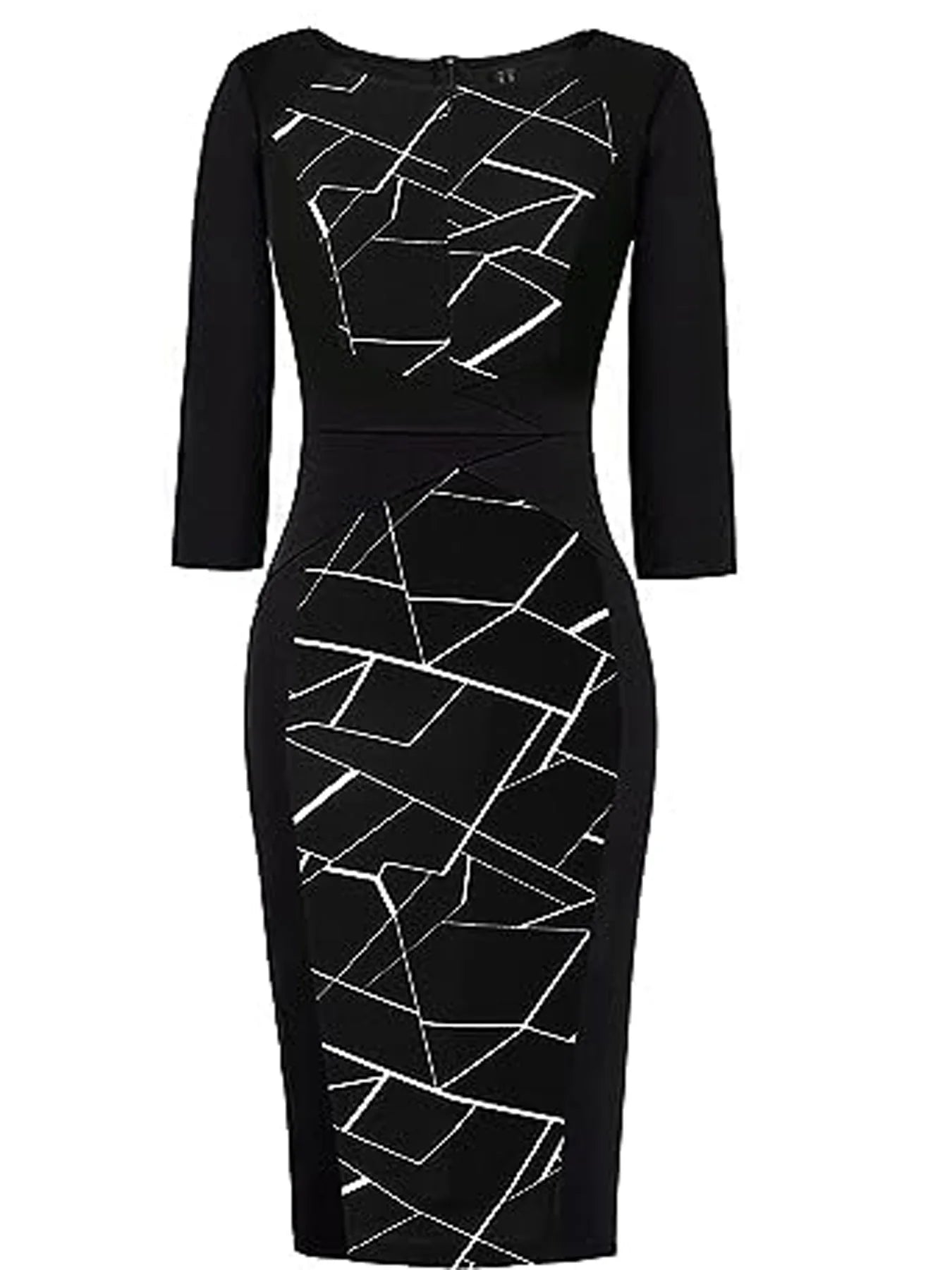 Women Elegant Business V Notch Neck 3/4 Sleeve Autumn Office Work Knee Length Bodycon Dress Geometric Print Patchwork Slim Fit