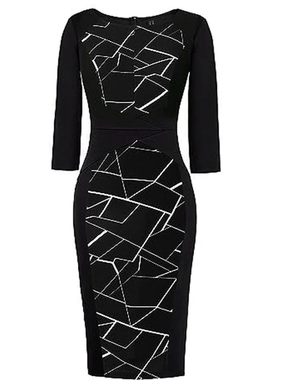 Women Elegant Business V Notch Neck 3/4 Sleeve Autumn Office Work Knee Length Bodycon Dress Geometric Print Patchwork Slim Fit