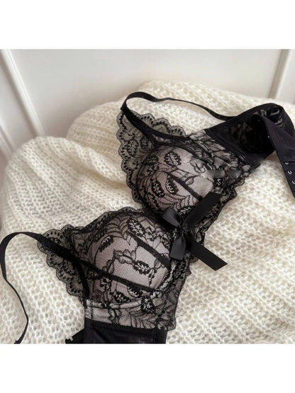 2026 Top Sale High Quality Wireless Bra Set French Lace Bow Contrast Color Push Up Thick Padded No Gap Women Lingerie Set