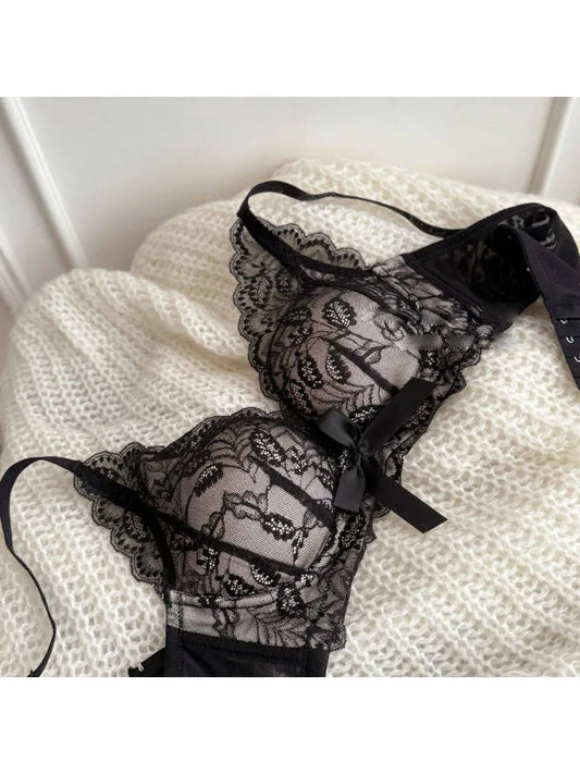 2026 Top Sale High Quality Wireless Bra Set French Lace Bow Contrast Color Push Up Thick Padded No Gap Women Lingerie Set