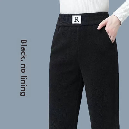 Autumn Winter Thickened Fleece Harlan Pants Women's Loose Casual Straight Leg Pants with Pockets Polyester Fiber Long Trousers