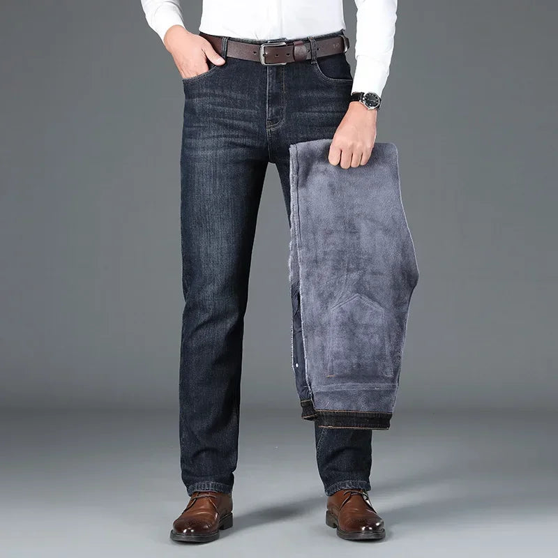 Winter Classic Men's Warm Fleece Straight Leg Jeans Business Casual Twill Cotton Stretch Padded Denim Pants Male Brand Trousers