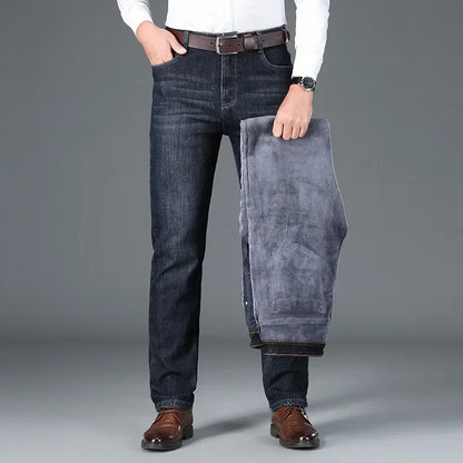 Winter Classic Men's Warm Fleece Straight Leg Jeans Business Casual Twill Cotton Stretch Padded Denim Pants Male Brand Trousers