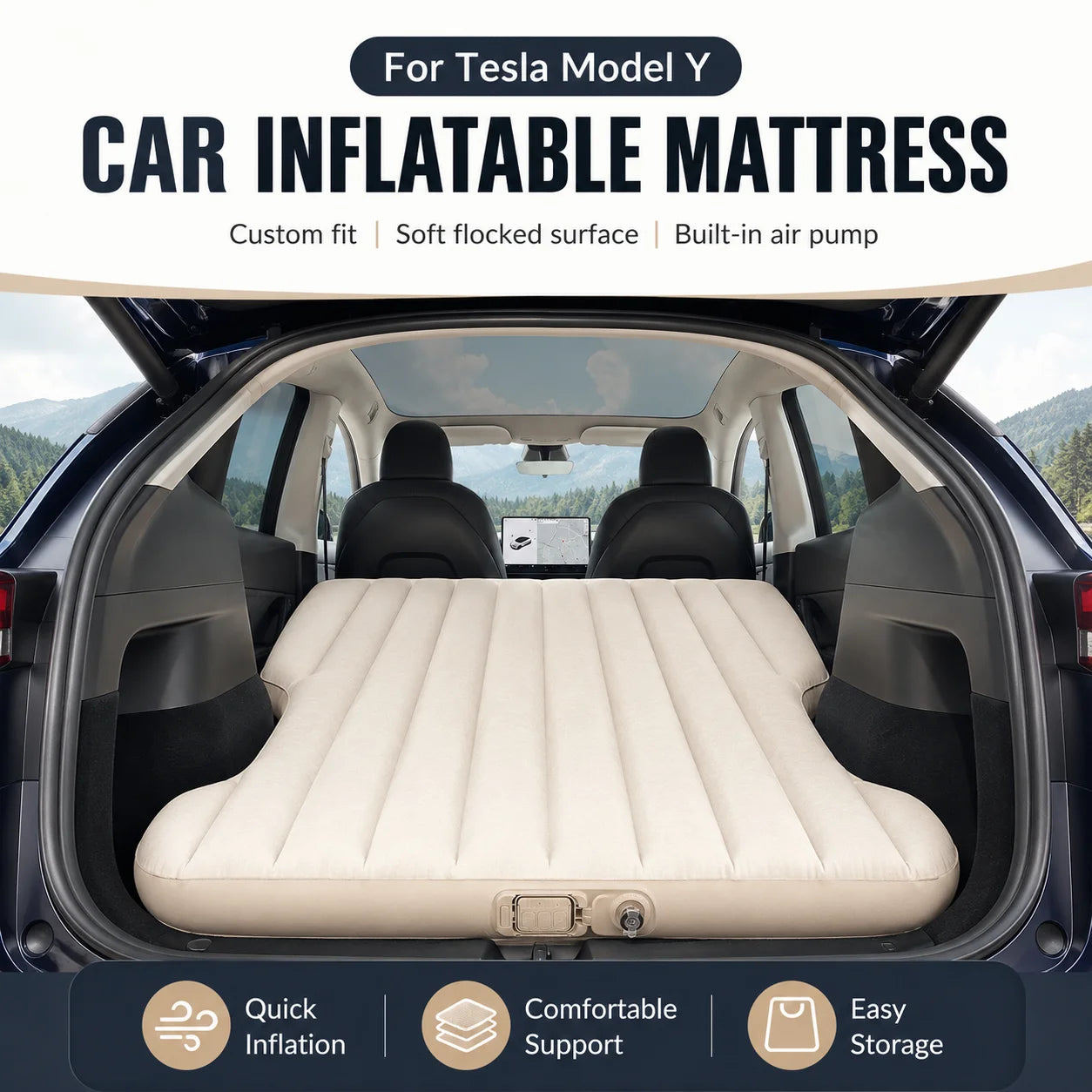 For Tesla Model Y 2021-2026 Juniper Car Inflatable Mattress With Electric Air Pump Travel Camping Trunk Bed Sleeping Mat