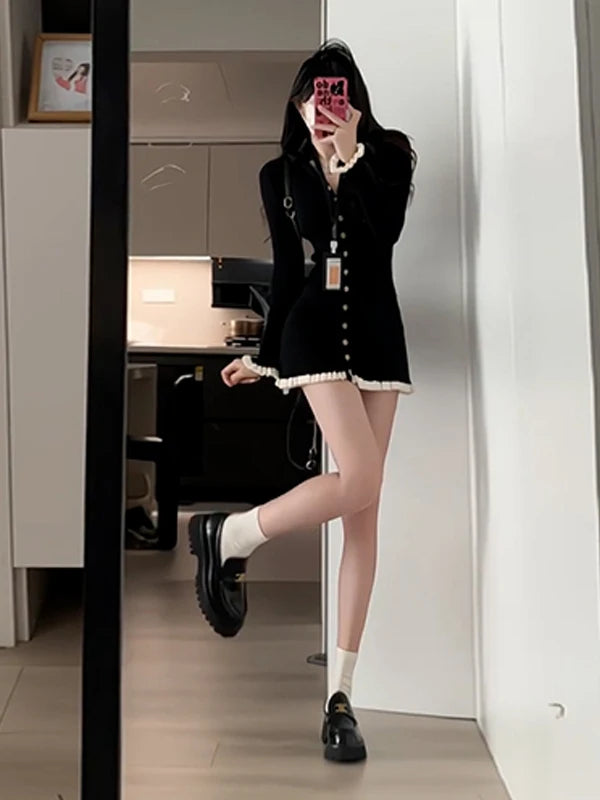 Elegant Black Knitted  Dress Women's Fashion Autumn Winter 2025 New Style High-End Feelings A-Line Skirt V-Neck Long Sleeve