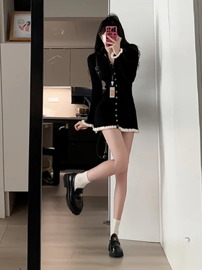 Elegant Black Knitted  Dress Women's Fashion Autumn Winter 2025 New Style High-End Feelings A-Line Skirt V-Neck Long Sleeve