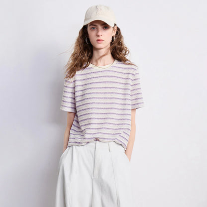 TOYOUTH Women T-shirt 2026 Summer New Striped Round Neck Combined Fashionable Heavy-duty Top