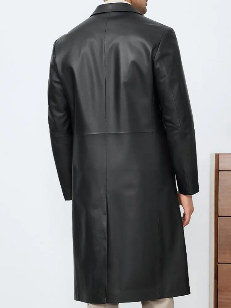 Business Casual Style Turn Down Collar Pocket Genuine Leather Long Jacket Single-Breasted Male Sheepskin Trench Outerwear