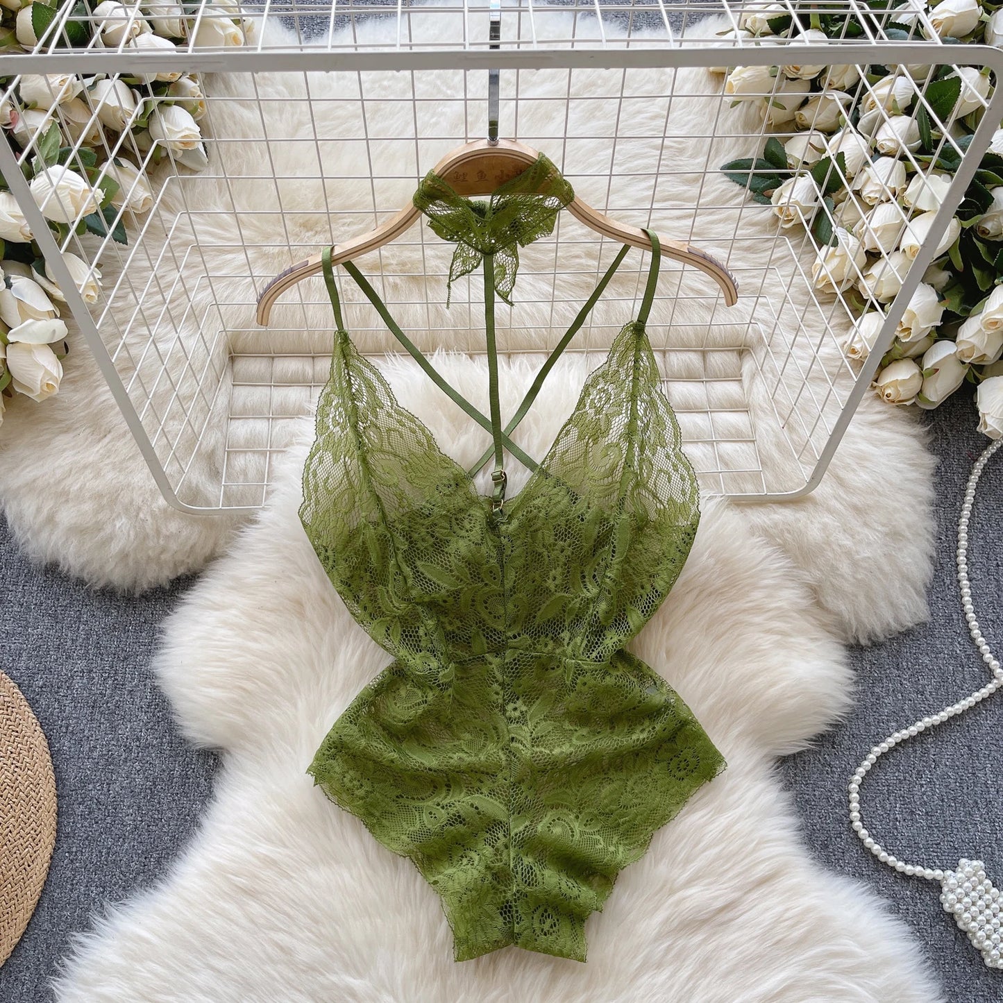 Sexy Lace Strap Jumpsuit Slim Fit Transparent Women's Pajamas Halter Playsuit Erotic Lingerie Catsuit Backless Hollowed Bodysuit