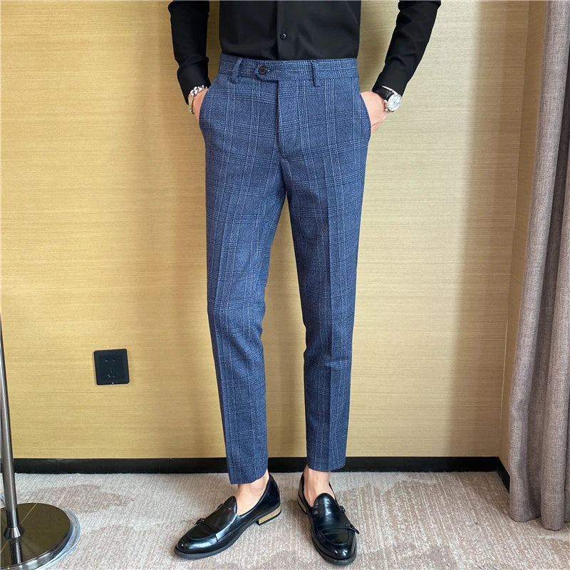 【 High Quality 】 Light Mature Style Spring and Autumn Checked Fashion Long Pants for Men, Trendy Business Casual Little Dress Pa