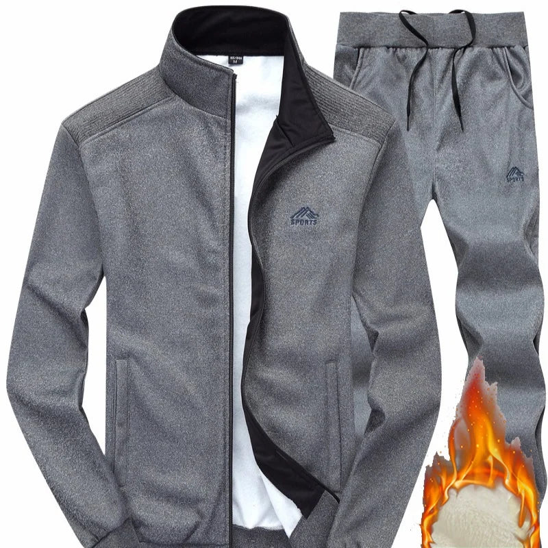 New Arrival Fleece-Lined Thicker Warm Adult Embroidered Cardigan Two-Piece Sports Set Men's Long Sleeve Pants Knit Casual Set
