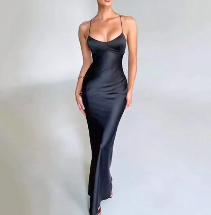 New Fashion Backless Women's Evening Dresses Slash Neck Spaghetti Strap Satin Dress Spring and Summer High Waist Slim Lady Dress