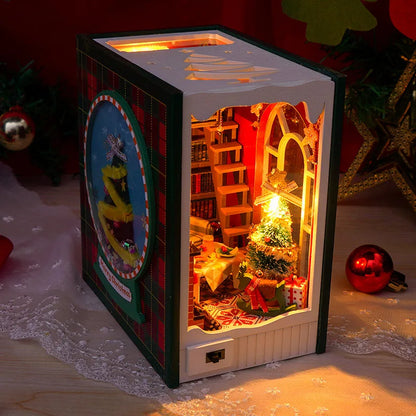 Christmas New Book Nook Miniature DIY Hut cabin Houses Bookstand Doll House Creative Puzzle Bookshelf Insert With Touch Cover