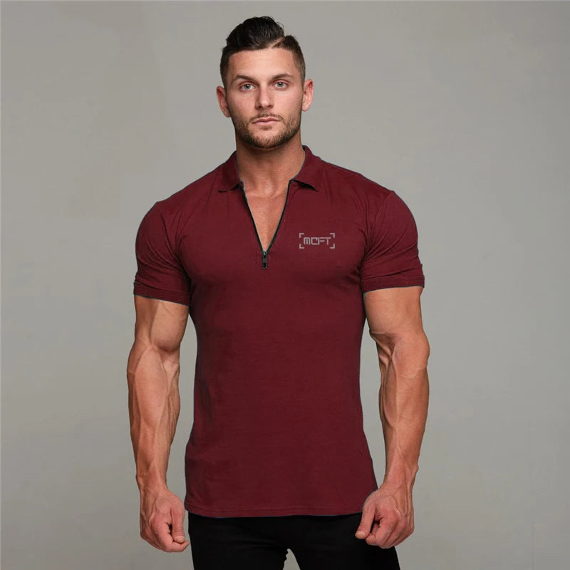 Men Casual Fashion Short Sleeve Slim Fit Zip Collar Cotton Polo Shirts Gym Fitness Summer Breathable Cool Feeling Muscle Shirt