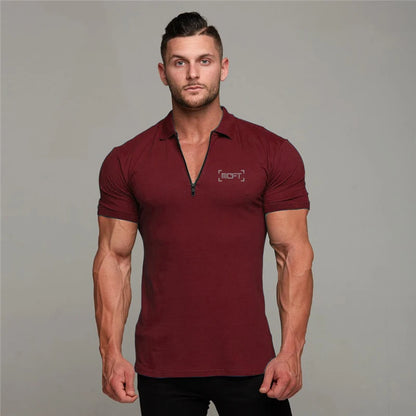 Men Casual Fashion Short Sleeve Slim Fit Zip Collar Cotton Polo Shirts Gym Fitness Summer Breathable Cool Feeling Muscle Shirt