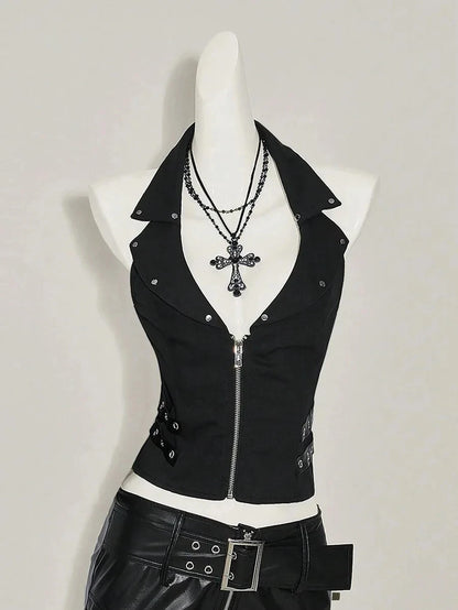 Street Y2K Fashionable Gothic Diamond Nail Print Contrasting Slim Spicy Girl Vest Harajuku Aesthetics Versatile Classic Tank Top