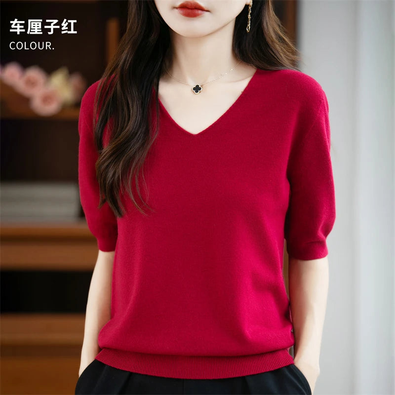 Thin Worsted Wool Short-Sleeved Women's Loose Round Neck T-shirt Printed Summer Fashion Knitted Bottoming Shirt Half-Sleeved