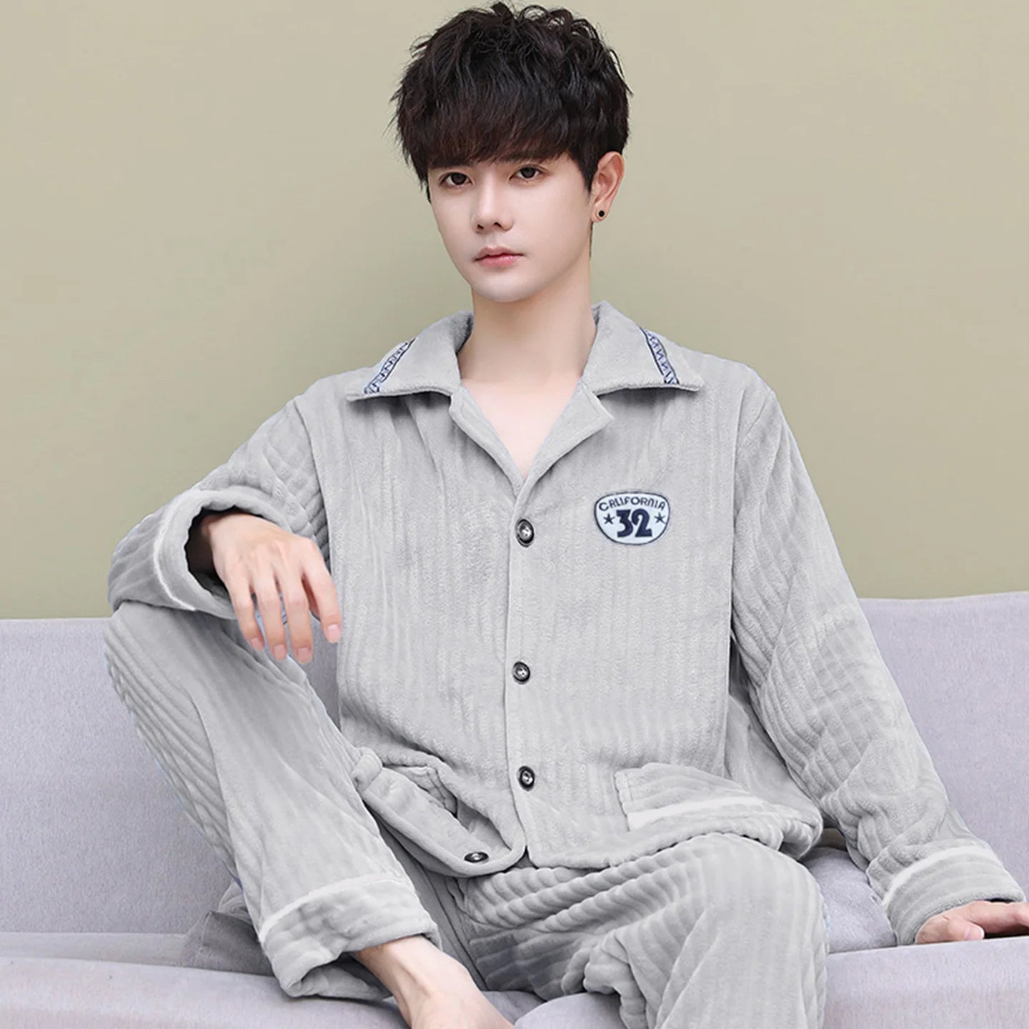 Men's Thickened Flannel Pajamas Coral Fleece Home Clothes Cardigan Set Long Sleeve Long Pants Soft Warm Winter Autumn Sleepwear