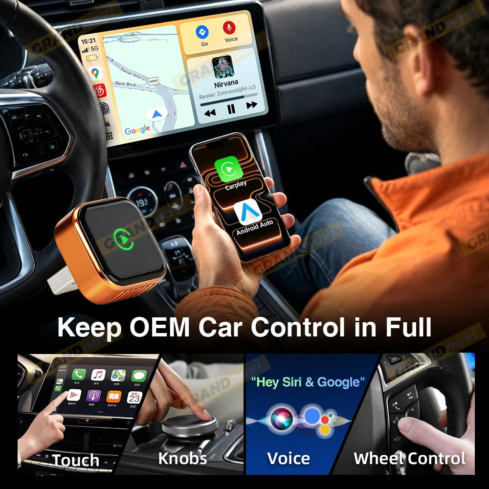 CarPlay Wireless Orange Adapter 2026 New Plug & Play Auto Connect No Delay Converts Wired to Wireless iPhone & Android