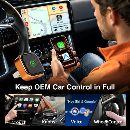 CarPlay Wireless Orange Adapter 2026 New Plug & Play Auto Connect No Delay Converts Wired to Wireless iPhone & Android