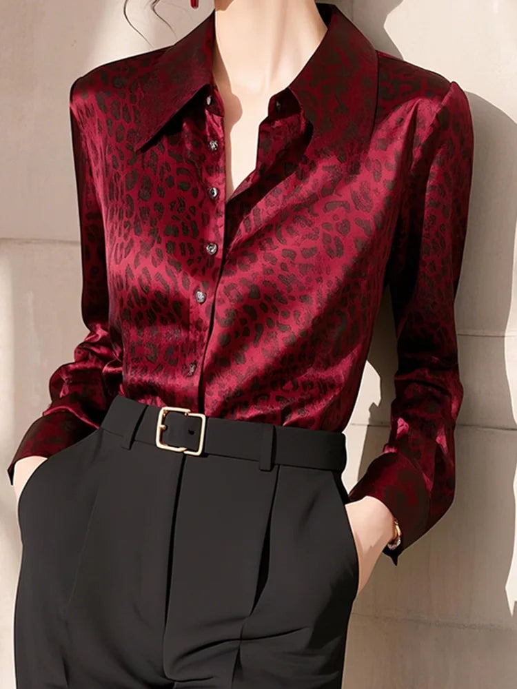 Red Leopard Print Long Sleeve Shirt Women's Fashionable Maturity Style Premium Quality Top Trendy Autumn 2025 Casual Wear