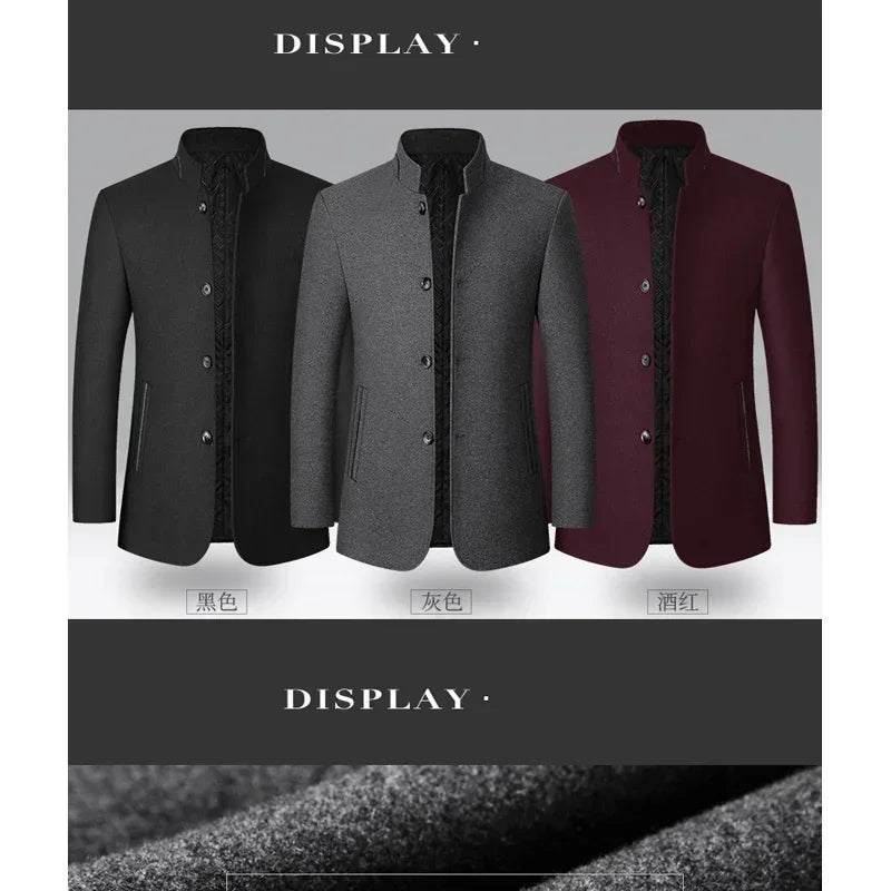 BROWON Brand Winter Coat Men Chinese Style Stand Collar Solid Coats for Men 2026 Autumn and Winter Business Casual Woolen Jacket