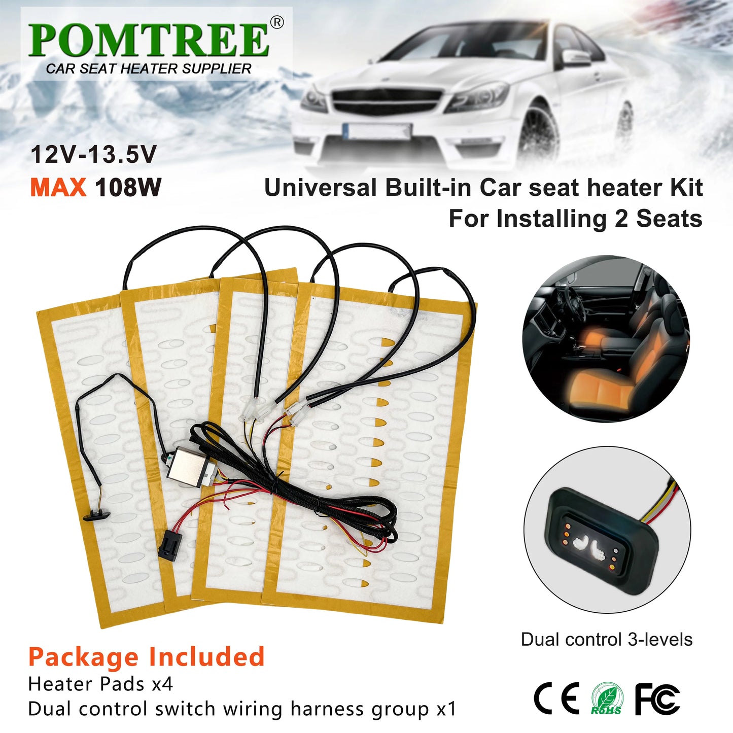 Universal Built-In Car Seat Heater Kit Fit 2 Seats,108W Alloy Wire Heating Pads 3-Level Dual Control Switch with Wiring Harness
