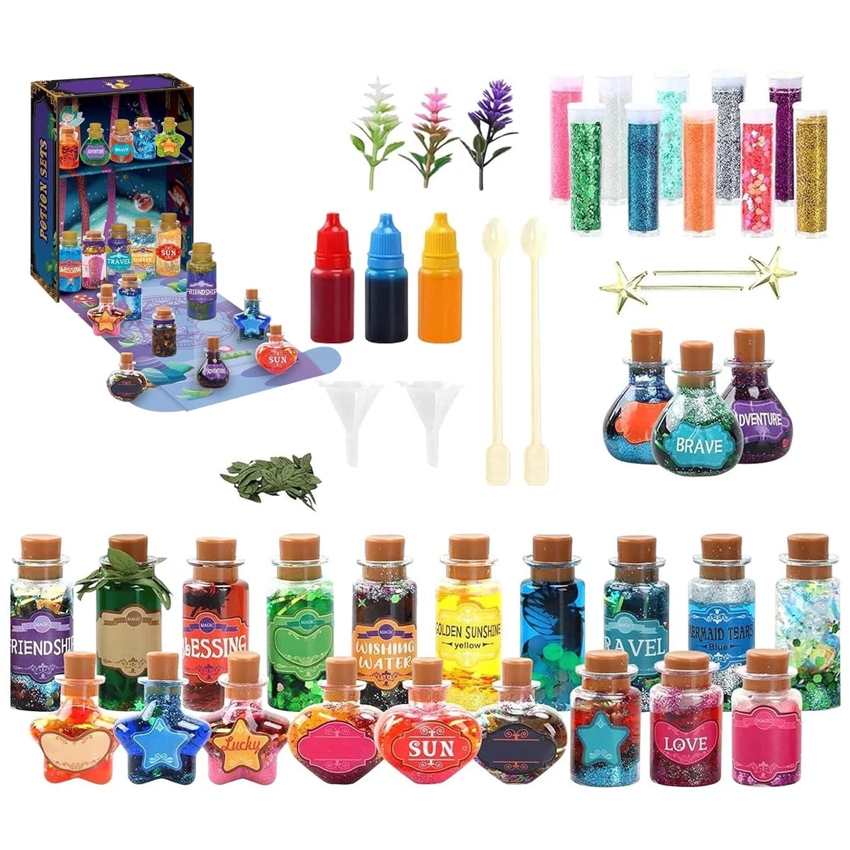 DIY Magic Potion Making Kit - 22 Bottles, Glitter & Decorations, Creative Craft Set for Kids' Magical Play