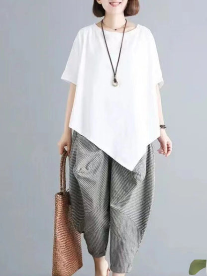 Cotton Blend Loose Fit Casual Women's T-irt And Harlan Pants Set Single Piece Summer Faion Ensemble for plus Size