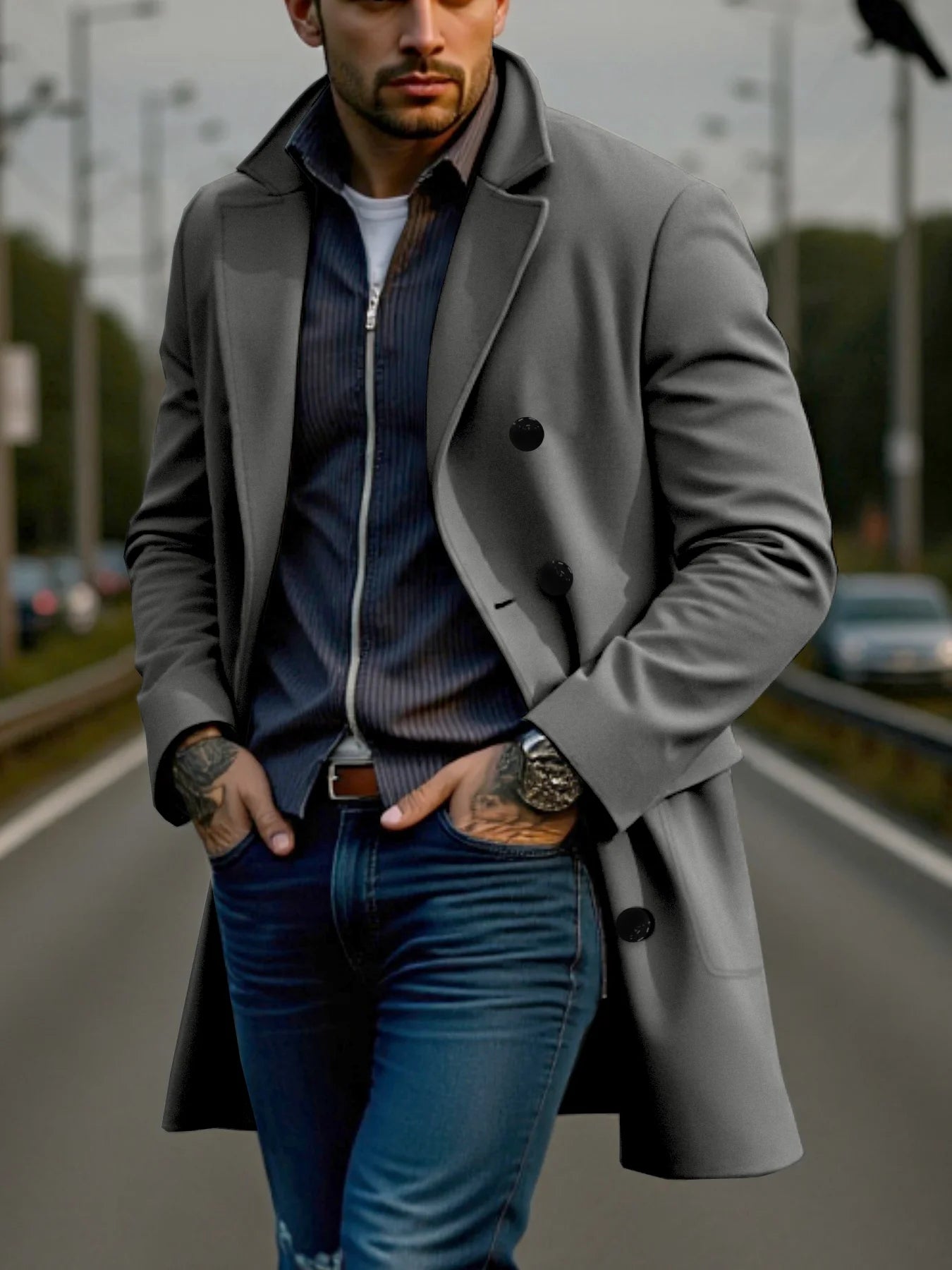 Men's Double-Breasted Solid Woolen Coat Thickened Warm Winter Wool&blends Trench Streetwear Outdoor Ideal Choice Male Jacket