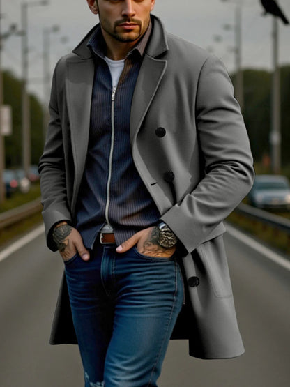 Men's Double-Breasted Solid Woolen Coat Thickened Warm Winter Wool&blends Trench Streetwear Outdoor Ideal Choice Male Jacket