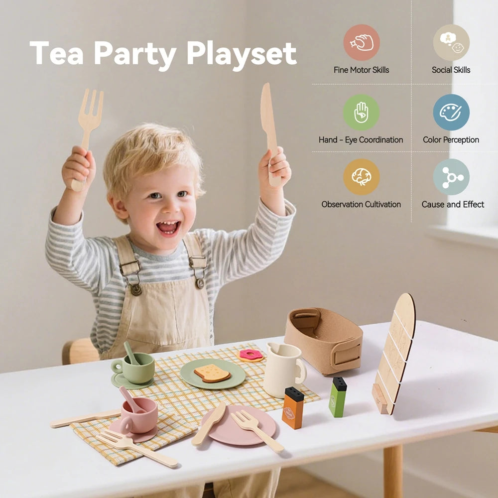 Playing House Afternoon Tea Set Baby Wooden Montessori Toys Numbers Blocks Learning Toy Model Puzzle Toys For Baby Birthday Toy