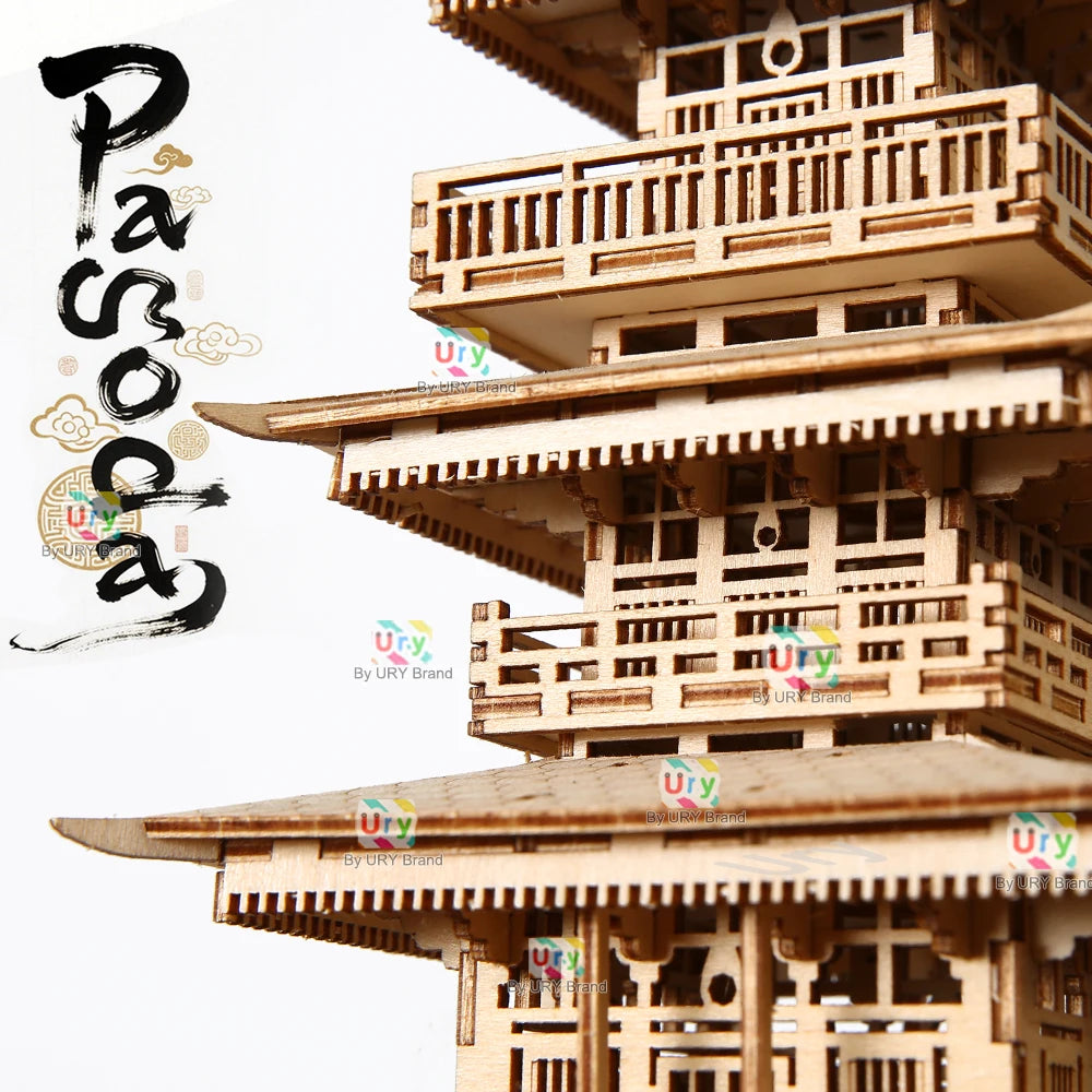 URY 3D Wooden Tower Ancient Pagoda Chinese Traditional Puzzle DIY Model Game Assembly Desktop Toy Gift for Adult