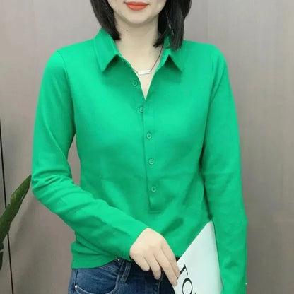 Long Sve  Ne Top Casual Faionable Versatile Slimming T-irt irt Autumn New Sle Korean Version V-Ne Polyester