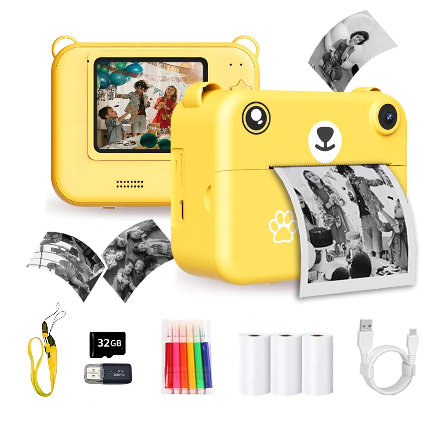 Kids Camera Instant Print Toy Portable Small Camera With 32G Memory Card ,3 Rolls Printing Paper, Gift For Boys And Girls