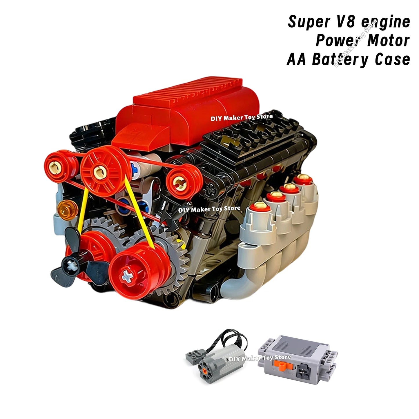 MOC Super V8 Engine Simulation Model Building Blocks Technology Car Parts 6 Speed Gearbox Power Motor Battery Box Boys Toys Gift