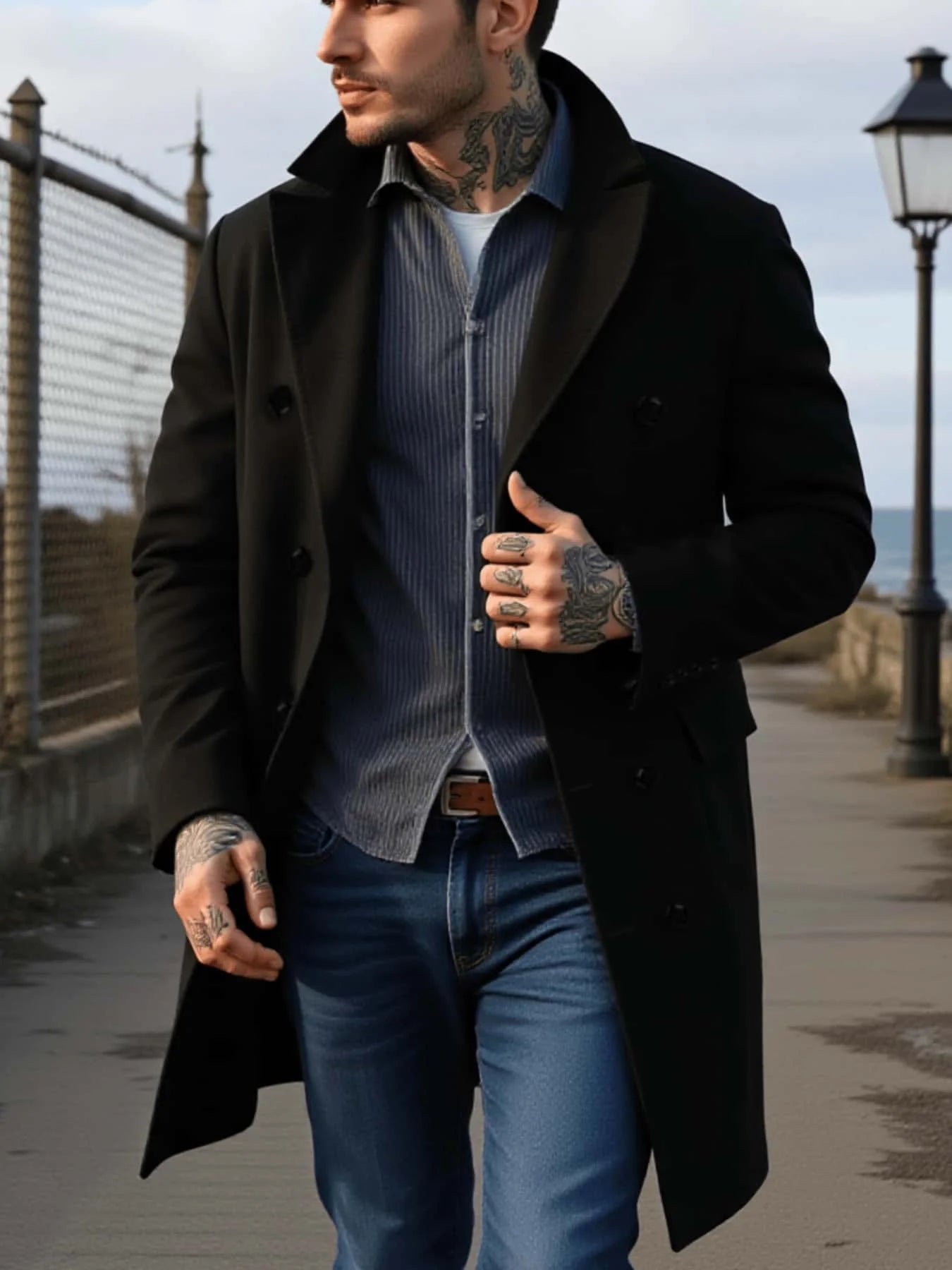 Men's Japanese Style Wool Coat Double-Breasted Thickened & Windproof Notch Lapel Trench for Winter