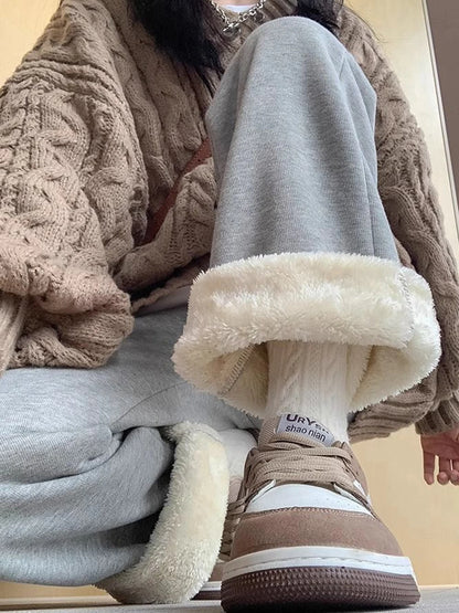 Thickened Fleece Women's Sports Pants Autumn Winter New Style Casual Loose Wide Leg Sweatpants High Waist Polyester Fiber